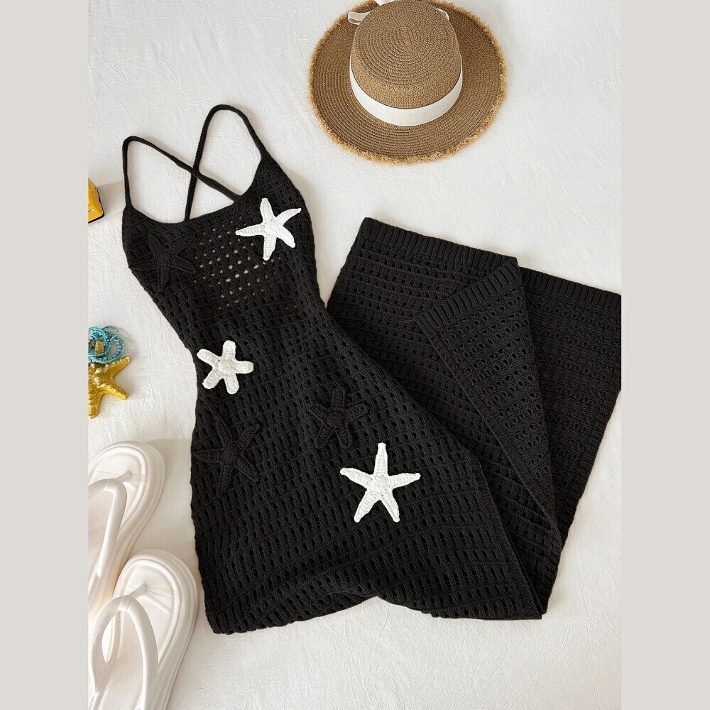 Black Crochet Knit Starfish Detailed Cross-Back Spaghetti Strap Maxi Dress